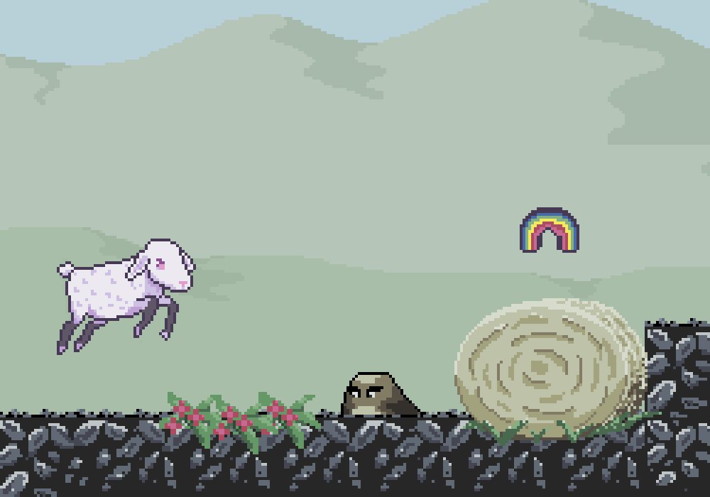 Sheepy, a mud slime, and a rainbow over a hay bale, in game scene